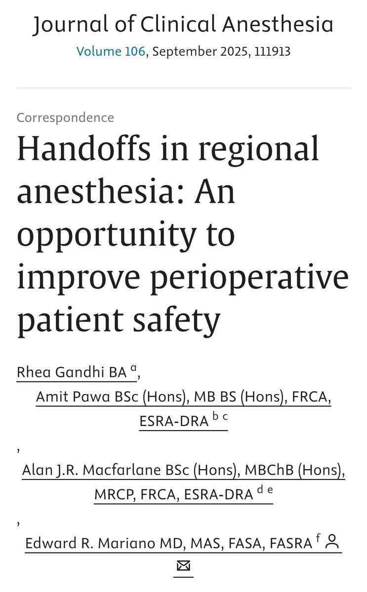 Ed Mariano, MD, MAS, FASA, FASRA 🇺🇸🇵🇭 (@emarianomd) on Twitter photo I'm very happy to share that our new letter has been published in <a href="/JournalofClinAn/">Journal of Clinical Anesthesia</a> - a great collaboration with <a href="/ajrmacfarlane/">Alan Macfarlane</a> and <a href="/amit_pawa/">Dr Amit Pawa💉🎙️</a> to improve patient safety in regional anesthesia
kwnsfk27.r.eu-west-1.awstrack.me/L0/https:%2F%2… I'm very happy to share that our new letter has been published in <a href="/JournalofClinAn/">Journal of Clinical Anesthesia</a> - a great collaboration with <a href="/ajrmacfarlane/">Alan Macfarlane</a> and <a href="/amit_pawa/">Dr Amit Pawa💉🎙️</a> to improve patient safety in regional anesthesia
kwnsfk27.r.eu-west-1.awstrack.me/L0/https:%2F%2…