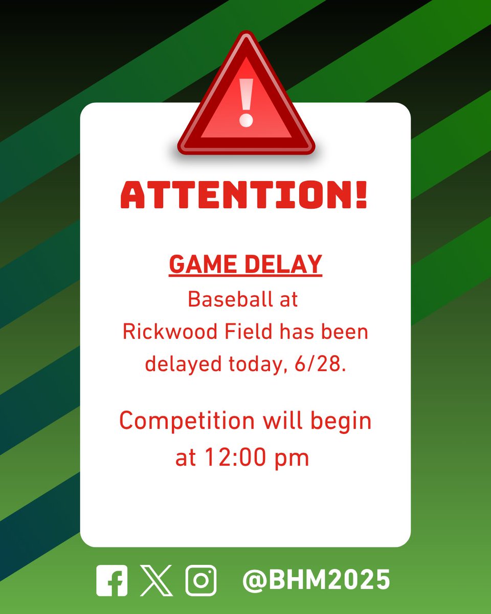 Today's baseball games at Rickwood Field have been delayed due to field conditions. First pitch will now be at 12:00 PM, instead of the originally scheduled 9:00 AM start.
Games scheduled for the Hoover Met will begin at 9:00 AM as planned.
#WPFG #BHM2025 #TheGamesofHeroes
