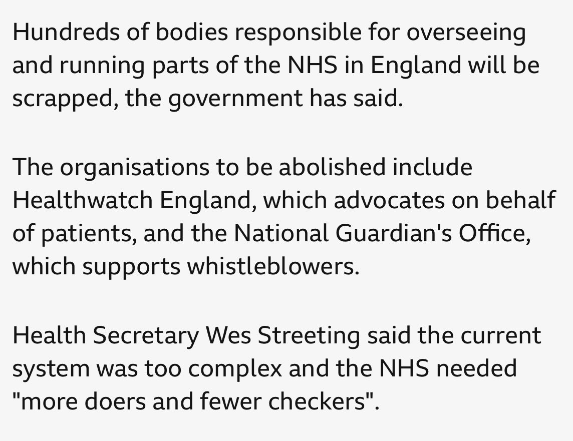 KrishnaDe's tweet image. Unbelievable decision and clearly there is no understanding of the really critical role that @HealthwatchE plays across the country in terms of improving health and care ensuring the patient and carer voice is heard. They are far from “checkers”. bbc.com/news/articles/…