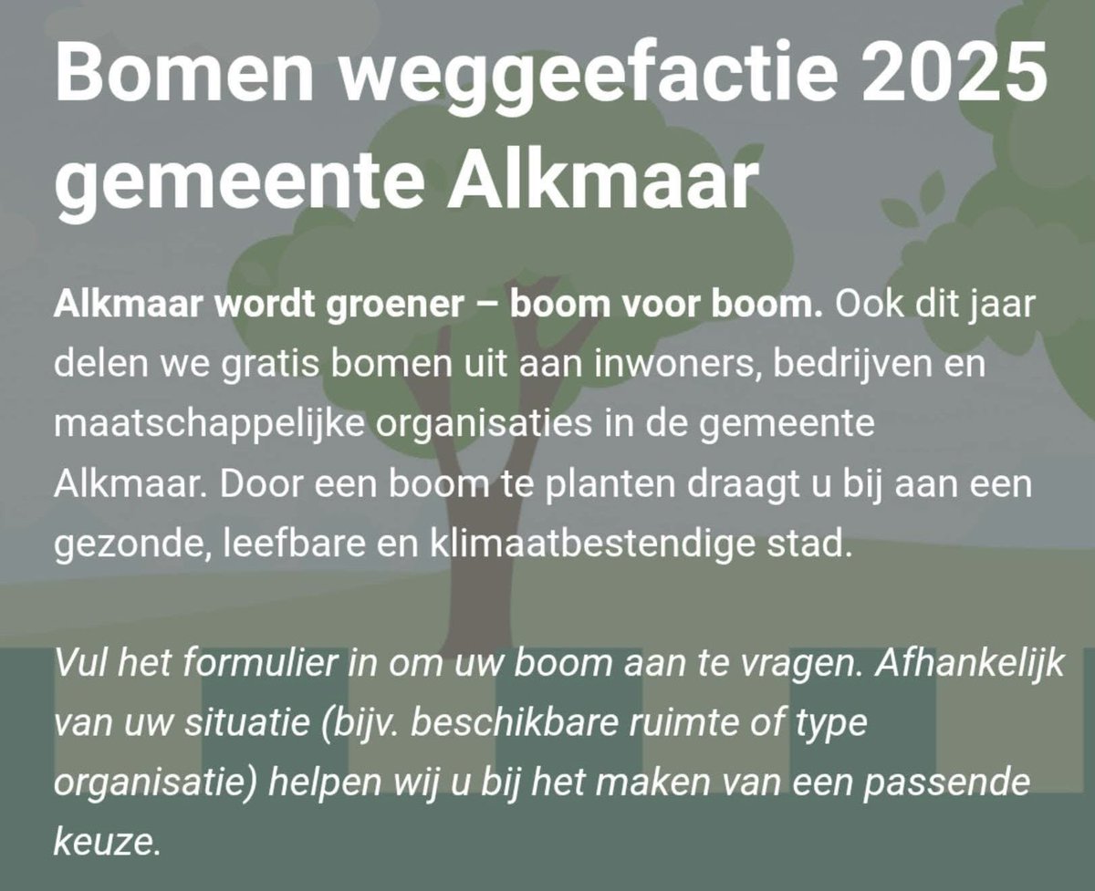 5000 NIEUWE BOMEN!

Vraag nu uw boom aan, op = op.

forms.office.com/pages/response…

#Alkmaar #5000bomen #gratis