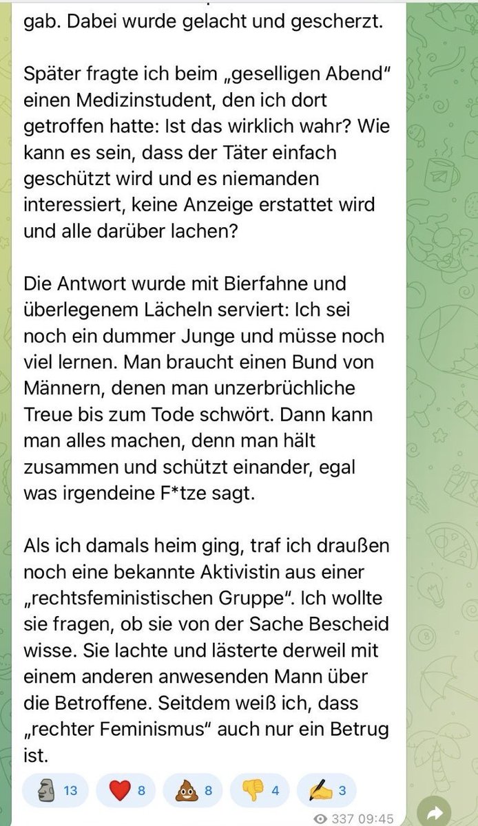 Felix M. Steiner (@felixmsteiner) on Twitter photo +Thema Vergewaltigung + Der extrem rechte #ErikAhrens berichtet bei Telegram über eine angebl. Vergewaltigung beim Bundeskongress der #JungeAlternative in #Apolda. Schwierige Quelle. Es handelt sich um ein #Offizialdelikt, dem müsste die <a href="/Polizei_Thuer/">Polizei Thüringen</a> von Amtswegen nachgehen. +Thema Vergewaltigung + Der extrem rechte #ErikAhrens berichtet bei Telegram über eine angebl. Vergewaltigung beim Bundeskongress der #JungeAlternative in #Apolda. Schwierige Quelle. Es handelt sich um ein #Offizialdelikt, dem müsste die <a href="/Polizei_Thuer/">Polizei Thüringen</a> von Amtswegen nachgehen.