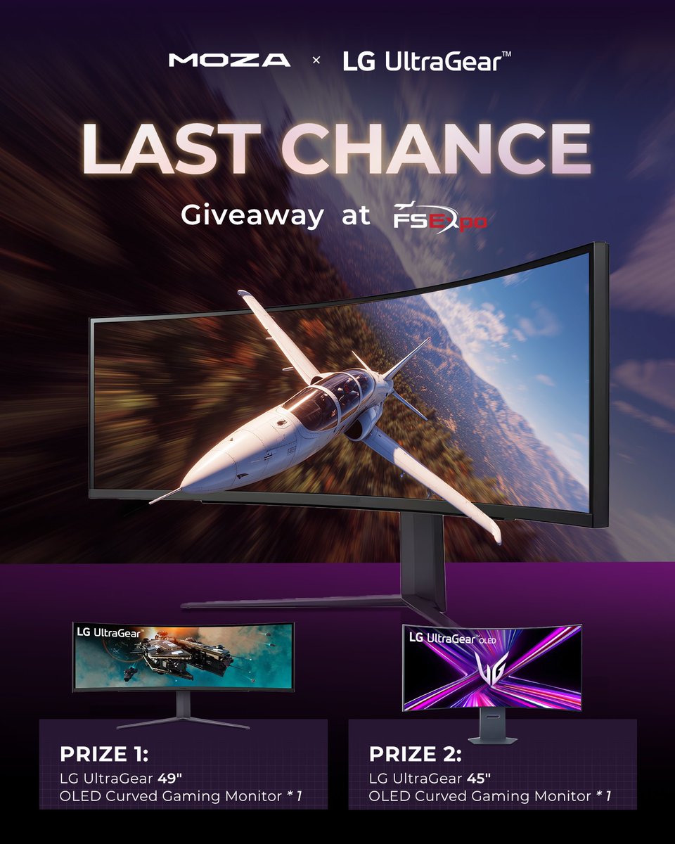 MOZA Racing (@moza_racing) on Twitter photo 🚨LAST CALL to enter our giveaway with <a href="/LGGamingHub/">LG Gaming Hub</a> and win stunning gaming monitors!
How to enter:
1️⃣ Follow @moza_racing_official and <a href="/LGGamingHub/">LG Gaming Hub</a>
2️⃣ Like and repost this post
3️⃣ Tell us the first thing you would do if you won the cutting-edge LG UltraGear monitor!
4️⃣ 🚨LAST CALL to enter our giveaway with <a href="/LGGamingHub/">LG Gaming Hub</a> and win stunning gaming monitors!
How to enter:
1️⃣ Follow @moza_racing_official and <a href="/LGGamingHub/">LG Gaming Hub</a>
2️⃣ Like and repost this post
3️⃣ Tell us the first thing you would do if you won the cutting-edge LG UltraGear monitor!
4️⃣