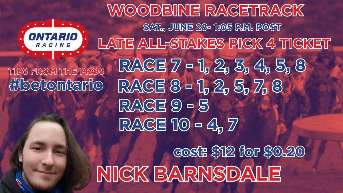 Ontario Racing (@ontracing) on Twitter photo Here's <a href="/AceBarnsdale/">Nicholas Barnsdale</a>'s late all-stakes Pick 4 for today at <a href="/WoodbineTB/">Woodbine Racetrack</a>
#betontario Here's <a href="/AceBarnsdale/">Nicholas Barnsdale</a>'s late all-stakes Pick 4 for today at <a href="/WoodbineTB/">Woodbine Racetrack</a>
#betontario