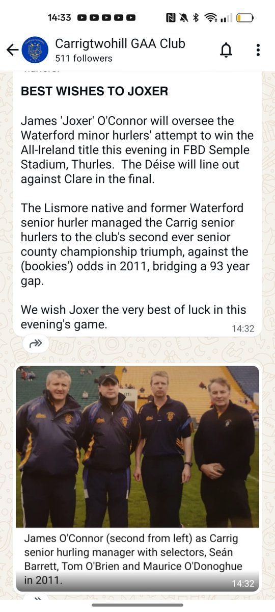 Carrigtwohill GAA (@carrig2hillgaa) on Twitter photo We wish Waterford minor hurling manager, James 'Joxer' O'Connor the very best of luck in this evening's All-Ireland final against Clare.
The Lismore native managed Carrig to our second ever senior hurling county ch'ship success in 2011, bridging a 93 year gap.
<a href="/WaterfordGAA/">Waterford GAA</a> We wish Waterford minor hurling manager, James 'Joxer' O'Connor the very best of luck in this evening's All-Ireland final against Clare.
The Lismore native managed Carrig to our second ever senior hurling county ch'ship success in 2011, bridging a 93 year gap.
<a href="/WaterfordGAA/">Waterford GAA</a>