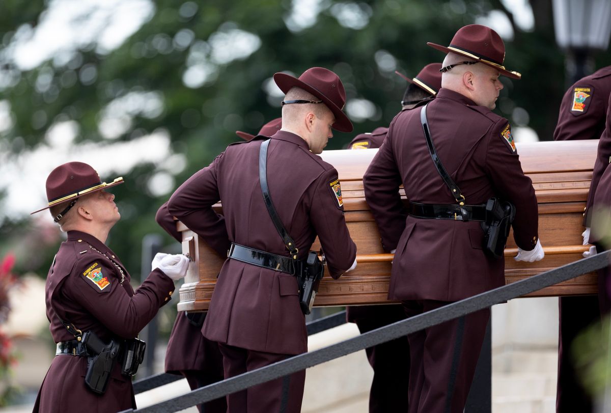 Highway Patrol officers carry the casket of Mark Hortman into the Basilica of St. Mary before funeral services for Mark and Melissa Hortman in Minneapolis on Saturday.

📷️ Elizabeth Flores/The Minnesota Star Tribune