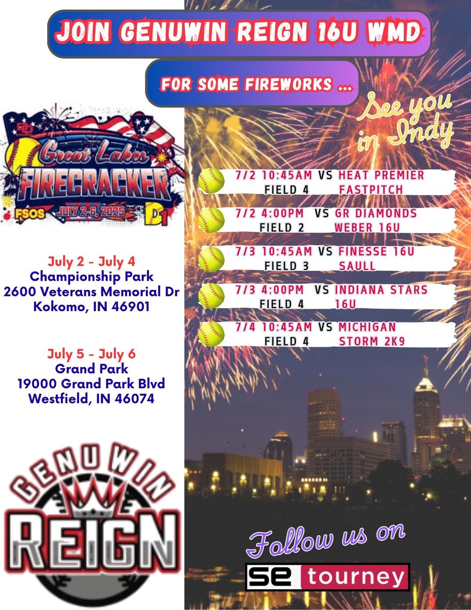 GenuWin Reign 16U WMD (@reign16uwmd) on Twitter photo 4th of July Tournament Schedule is here! Check us out in Indiana next weekend for the Great Lakes Firecracker Tournament!! Hope to see you there!👑❤️ <a href="/GenuWinReign/">GenuWin Reign</a> 4th of July Tournament Schedule is here! Check us out in Indiana next weekend for the Great Lakes Firecracker Tournament!! Hope to see you there!👑❤️ <a href="/GenuWinReign/">GenuWin Reign</a>
