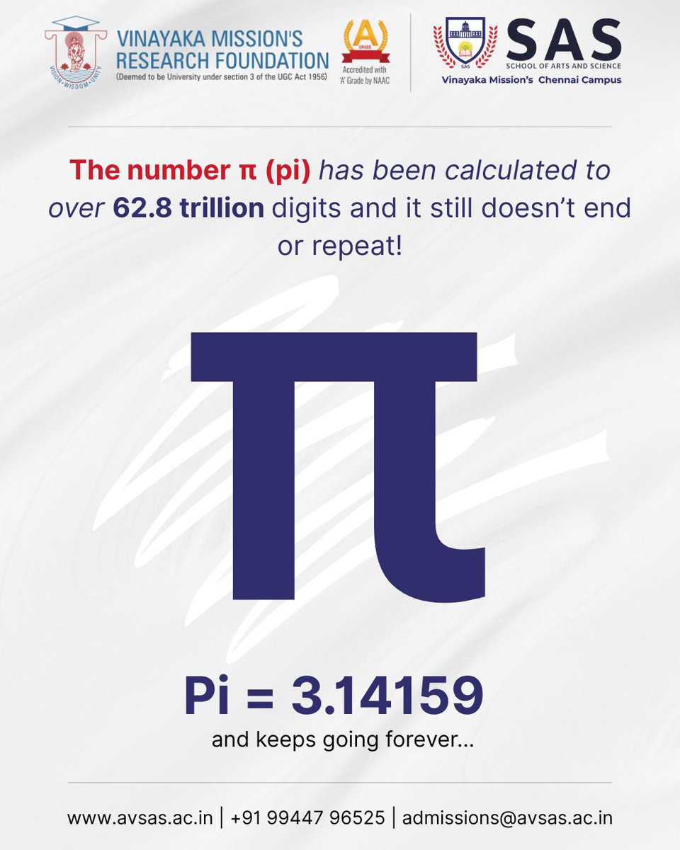 avsas_ac_in's tweet image. Exploring the Infinite: The Power of Pi
Did you know π (pi) has been calculated to over 62.8 trillion digits—and it still doesn’t end or repeat?

Join us where education meets exploration.

#SAS #VMRF #PowerOfPi #InfiniteLearning #MathematicalMarvels #SASChennai #STEMEducation