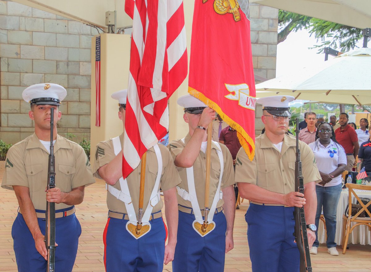 🇺🇸 🦅 The U.S. Marine Color Guard at the Embassy opened our 2025 #July4inUG celebration, a traditional American barbecue, marching to “Grand Old Flag” as they performed the ‘Presentation of Colors.’