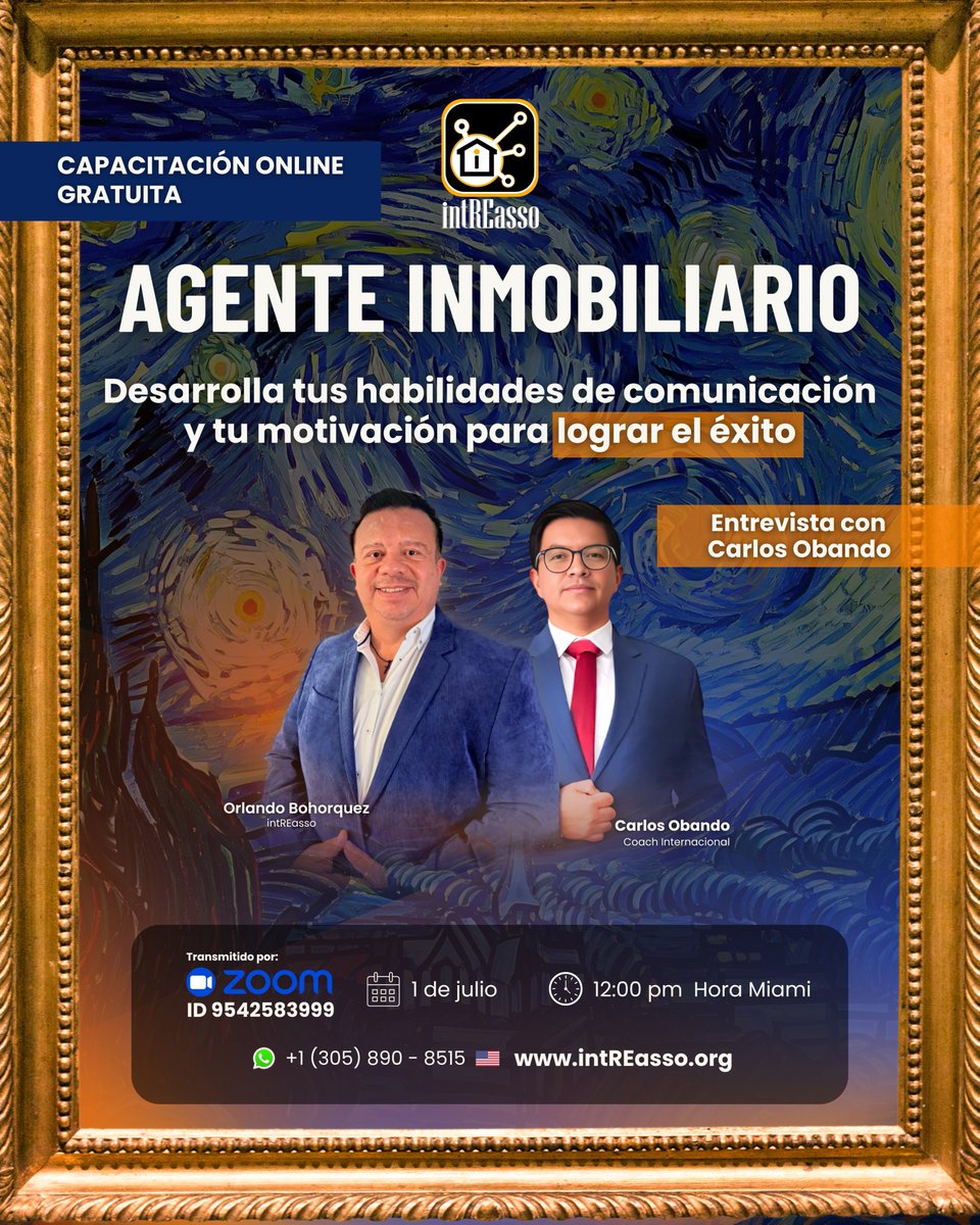 intreasso's tweet photo. 🎯 ¡Agente Inmobiliario!

🔑 Aprende a comunicarte mejor, mantente motivado y alcanza el Éxito en el Mundo Inmobiliario.

🗓️ 1 de julio | 12:00 pm (Hora Miami)
💻 Transmisión vía Zoom — https://t.co/MPUl7P4kOT.

📲 Más info: https://t.co/GtbqQSOv24 https://t.co/JHFfSONLSy