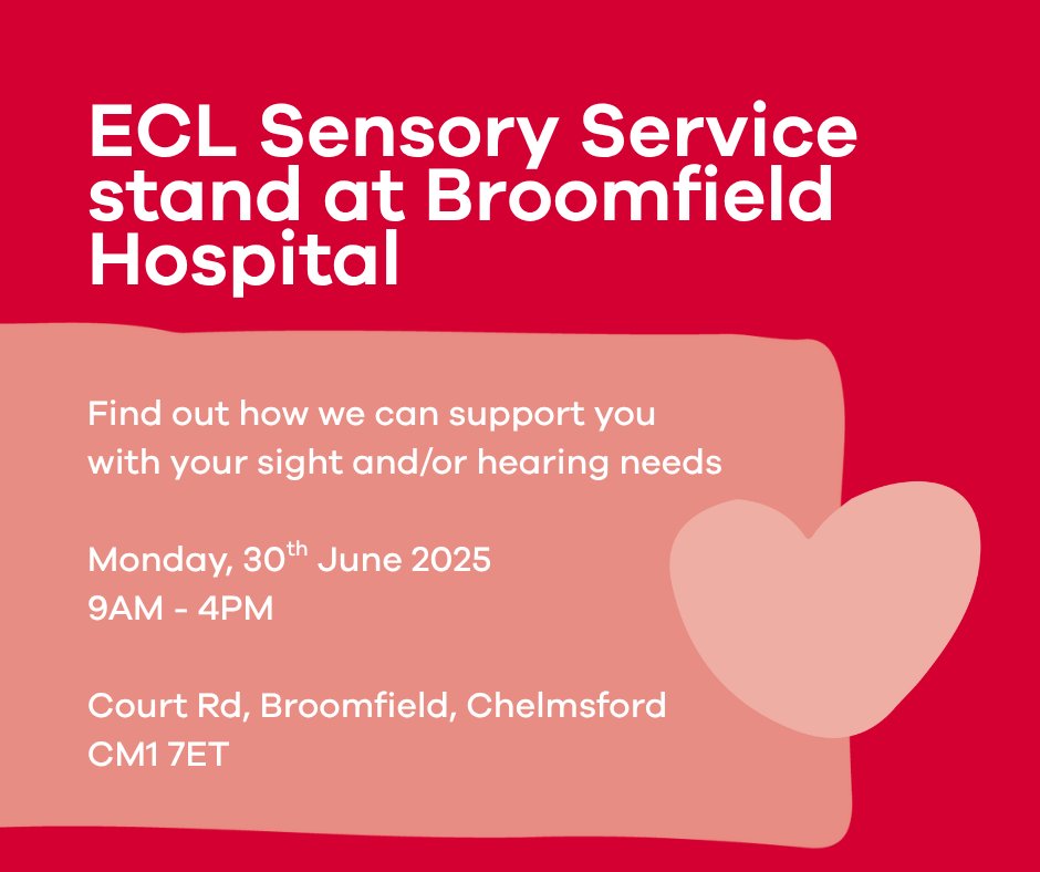It’s #SensoryAwarenessWeek starting tomorrow, why not pop along and visit our stand?

We invite you to join us at the Broomfield Hospital on Monday, 30th June, from 9AM to discover the support available for individuals with sight and/or hearing needs.

See you there!