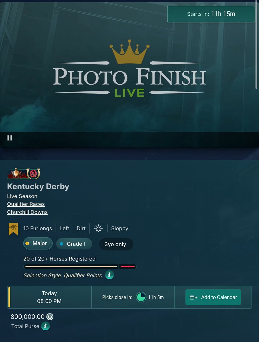 The <a href="/photofinishgame/">Photo Finish™ LIVE 🌹 🐎 Virtual Horse Racing</a> ky derby is tonight

As I’m not expecting to do well, I’ve been building my bloodline for almost two years now

The end goal was always to make it to the derby and win one

Finally get to see one of my horses run in one of them tonight, fingers crossed🐎