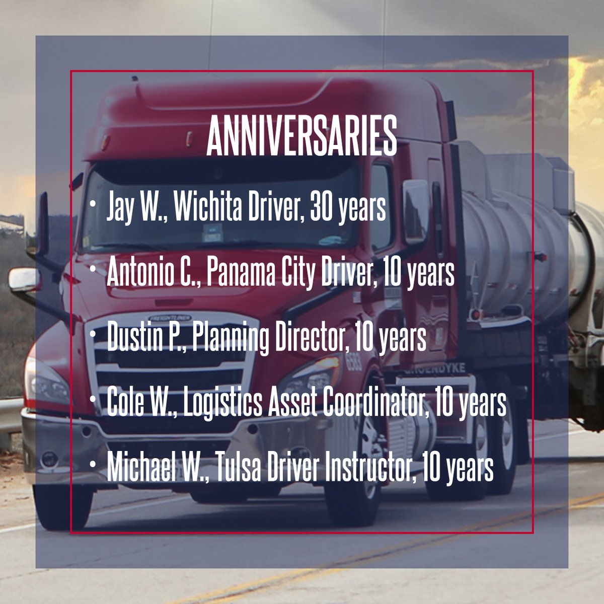 👏 Congratulations to these loyal employees on their milestone anniversaries. 👏

They represent 70 total years of service to Groendyke Transport and its customers, and we couldn't be more proud to have them on Team Groendyke!

#GroendykeTransport #Anniversaries