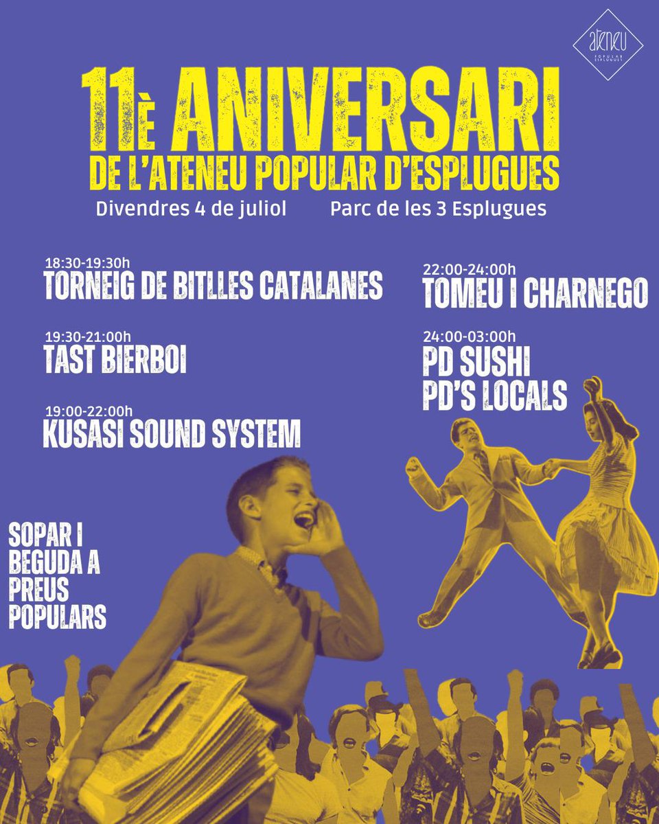APEsplugues's tweet photo. El proper divendres 4 de juliol, celebrem 11 anys alçant la veu contra qui ens vol silenciades, defensant casa nostra dels fons voltor, estimant la nostra llengua i combatent l'espanyolisme, desafiant un sistema que ens vol aïllades i submises ❤️🔥
#CrearPoderPopular https://t.co/RIYtCoDZpw