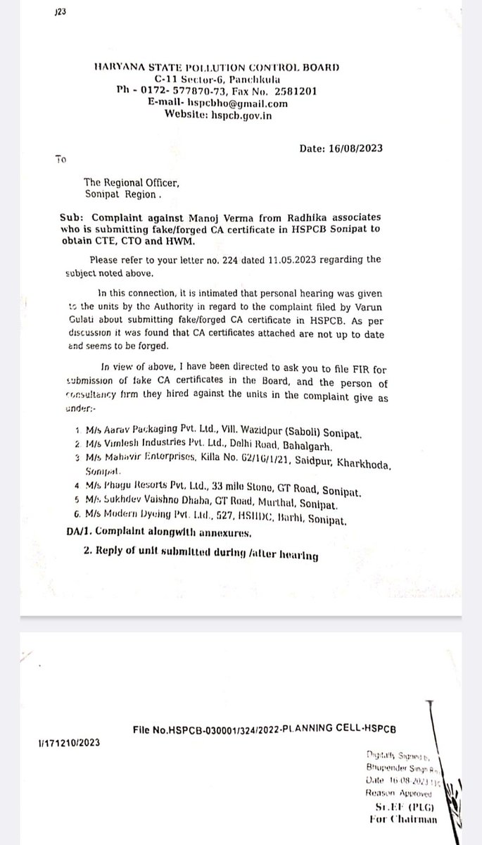 LordYamraaj's tweet image. माननीय @NayabSainiBJP @RaoNarbir  @dcsonipat जी यह है आपके विभाग #HSPCB प्रदूषण विभाग@SonipatHSPCB को 2022 में अवगत कराया गया था कि कैसे दलाल द्वारा नकली #CA सर्टिफिकेट लगाकर सोनीपत में बहुत से उद्योगों को CTE और CTO दिलाए हैं!!

Enquiry करने पर @Haryana_spcb
#चेयरमैन द्वारा FIR