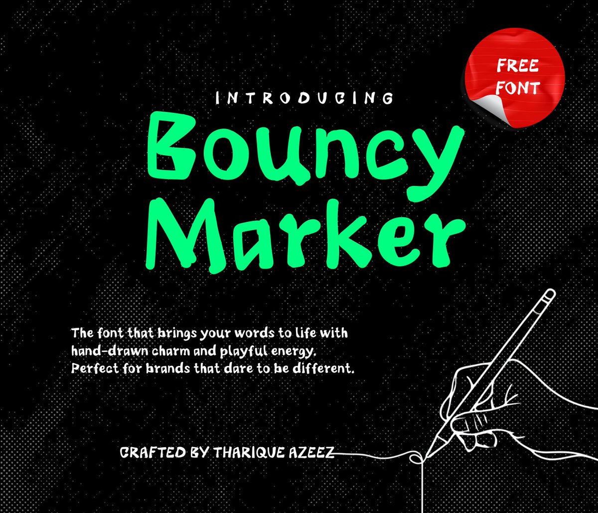 ThariqueAzeez's tweet image. Introducing Bouncy Marker!
A hand-drawn font packed with personality.
Perfect for bold brands, eye-catching posts, and playful logos. And yes—it’s FREE. Grab yours now!
behance.net/gallery/229172…