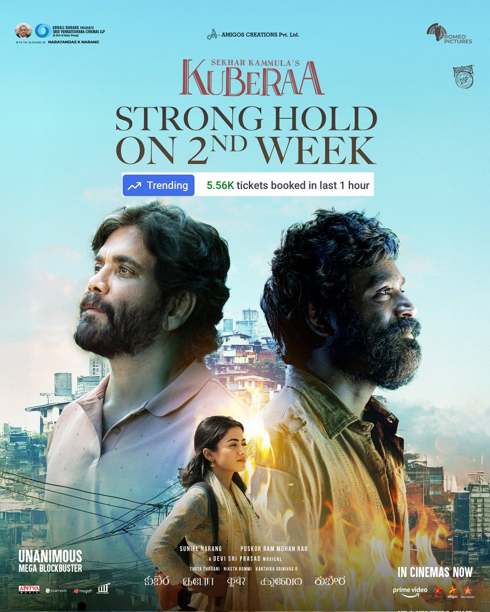 SVCLLP's tweet image. Theatres buzzing. Timelines trending.🤩💥💥

Trending on @bookmyshow  with 5K+ tickets in 1 hour.🔥😎

Book your tickets now: linktr.ee/KuberaaTickets 

#BlockBusterKuberaa #BOXOFFICEKuberaa
#SekharKammulasKuberaa