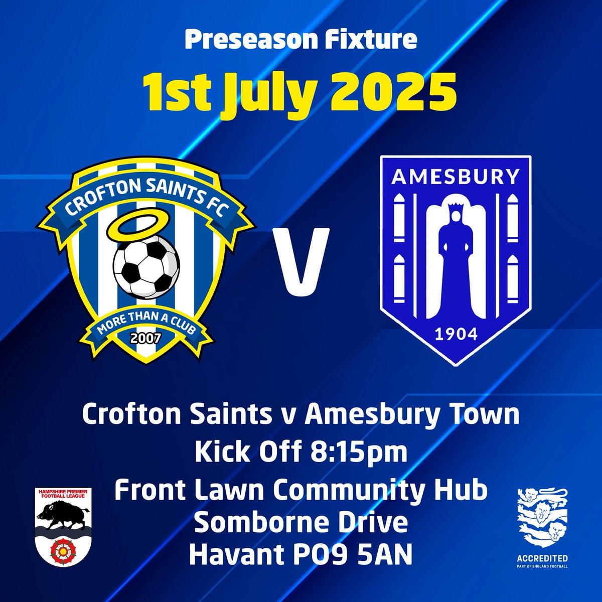 Crofton Saints FC (@croftonsaintsfc) on Twitter photo We kick off our 2025/26 preparations with a tough test against Wessex League side Amesbury Town! ⚽️
🆚 <a href="/AmesburyFc/">Amesbury Town FC</a>
📍 Front Lawn Community Hub, Havant
📅 Tuesday 1st July
⏰ 8:15PM KO
Come and show your support as we gear up for the new season! 🔵⚪️
<a href="/HantsLeague/">uhlsport Hampshire Premier League</a> <a href="/WessexLeague/">Velocity Wessex League</a> We kick off our 2025/26 preparations with a tough test against Wessex League side Amesbury Town! ⚽️
🆚 <a href="/AmesburyFc/">Amesbury Town FC</a>
📍 Front Lawn Community Hub, Havant
📅 Tuesday 1st July
⏰ 8:15PM KO
Come and show your support as we gear up for the new season! 🔵⚪️
<a href="/HantsLeague/">uhlsport Hampshire Premier League</a> <a href="/WessexLeague/">Velocity Wessex League</a>