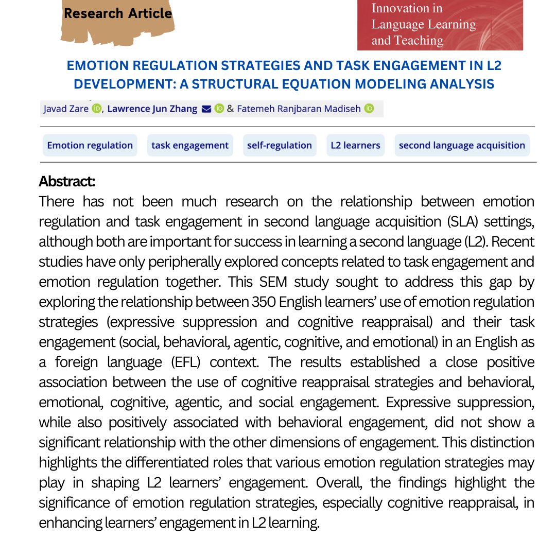 Emotion regulation strategies and task engagement in L2 development: a structural equation modeling analysis
tandfonline.com/doi/full/10.10…