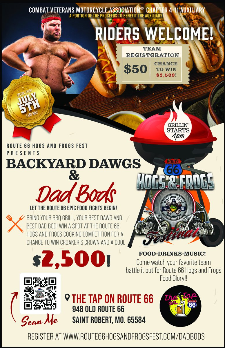 rt66hogsfrogs's tweet photo. One more week till Dad Bod heaven.  Head on down Route 66 to The TAP in Saint Robert, MO and feast your eyes on greatness! https://t.co/zv8ppmPaMK