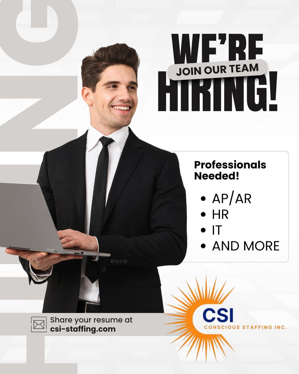 CSI_Staffing's tweet image. Now Hiring Professionals Across Key Roles! Looking to level up your career in IT, HR, Accounting, or Bookkeeping? Whether you&apos;re ready for your next big move or exploring new opportunities, we’re here to help.