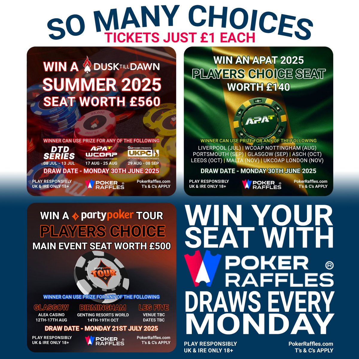 Poker Raffles (@pokerraffles) on Twitter photo We've got some incredible draws on the site at the moment with so many choices for the winners to play events with <a href="/DTD_Club/">Dusk Till Dawn</a>, <a href="/apatpoker/">Amateur Poker Association & Tour</a> & <a href="/partypoker/">PartyPoker</a> in 2025
Get your tickets today at pokerraffles.com
18+ UK&IRE Only | Play Responsibly We've got some incredible draws on the site at the moment with so many choices for the winners to play events with <a href="/DTD_Club/">Dusk Till Dawn</a>, <a href="/apatpoker/">Amateur Poker Association & Tour</a> & <a href="/partypoker/">PartyPoker</a> in 2025
Get your tickets today at pokerraffles.com
18+ UK&IRE Only | Play Responsibly