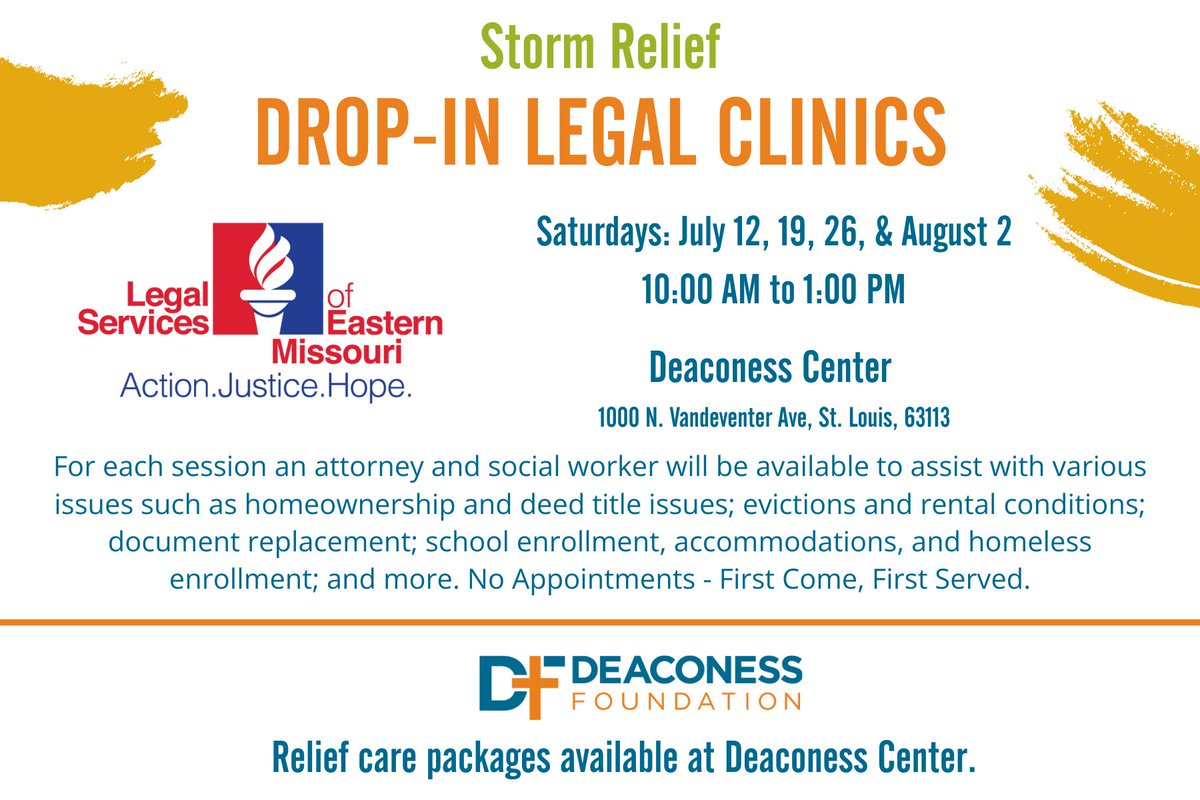 On July 12, 19, 26, and August 2 <a href="/LSEM_EST1956/">Legal Services-E. MO</a> will host free storm relief legal clinics at Deaconess Center. For each session an attorney and social worker will be available to assist with various issues. Find up-to-date tornado relief resources here: ow.ly/97qV50WghlC