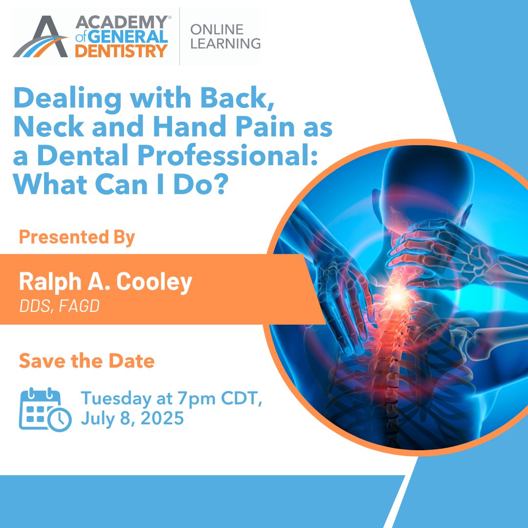 Don’t let pain limit your career. Join us for a live webinar on managing back, neck, and hand pain, all common issues faced by dental professionals. Learn practical strategies to protect your health and extend your career. Make time for your well-being.  tinyurl.com/39zcnmj6