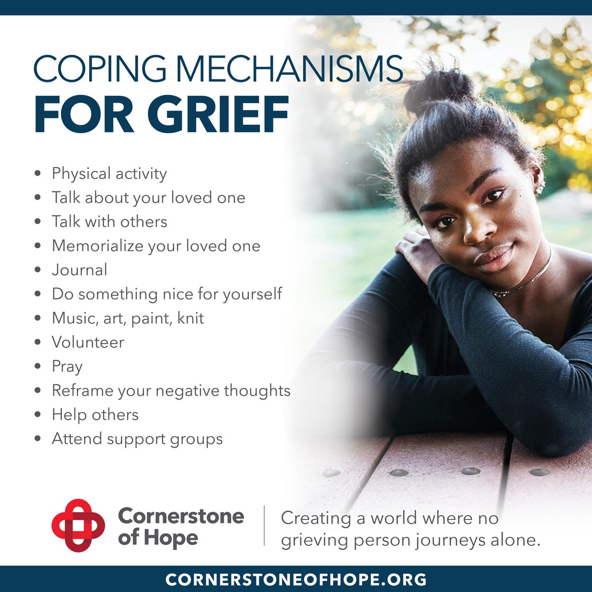 While grief is a natural response to loss, navigating its turbulent waters can be challenging. Try these coping mechanisms when you are feeling overwhelmed/