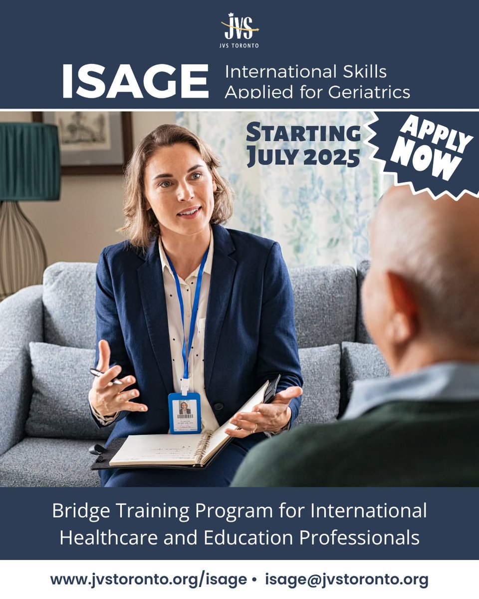 JVSToronto's tweet photo. ISAGE is a #free 12-week #bridgeprogram that helps you transition into the high demand field of #SocialServices for #Geriatrics. Program begins July 2025! Register at https://t.co/E7yRgu5GL6 or email isage@jvstoronto.org to get started. #NewToCanada #HealthcareCareers #JVSToronto https://t.co/mALA9MWxM2