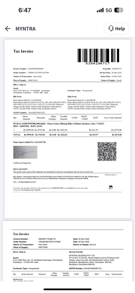 SumitSi47490600's tweet photo. @MyntraSupport This is my invoice https://t.co/kXWuxJlMi3