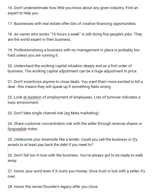 Here is a list that I read 5-6 times a year

Everything I know about buying businesses after 20+ acquisitions and looking at thousands - Xavier Helgesen

So many great lessons that I invited him on the podcast to give more details about each lesson.

A 60-min episode with