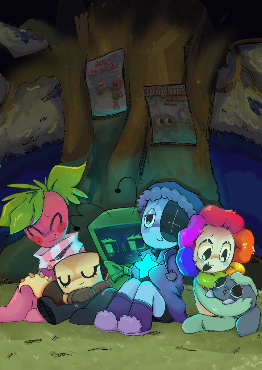 FriskerRisker's tweet image. Just the mains chilling:D #dandysworld #dandysworldfanart #sprout #shelly #vee #DandysWorldAstro #dandy #pebble