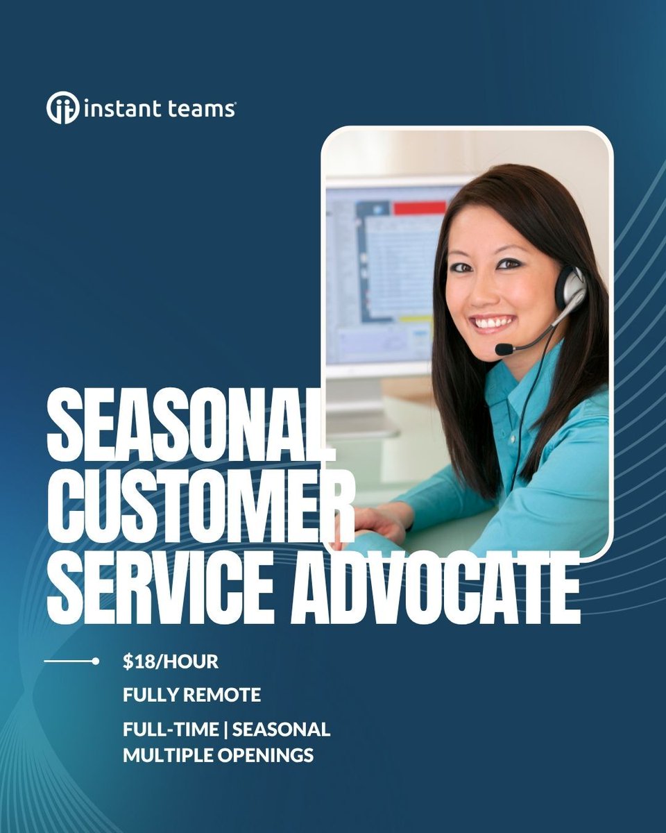We're looking for Customer Service Advocates to join our team!
▶️$18/hour
▶️Fully Remote
▶️Full-Time | Seasonal
▶️Multiple Openings

Apply here: hubs.la/Q03v5cGT0 

#remotework #remotejob #militaryspouse #milspouse #cx #customerexperience #customerservice #seasonal