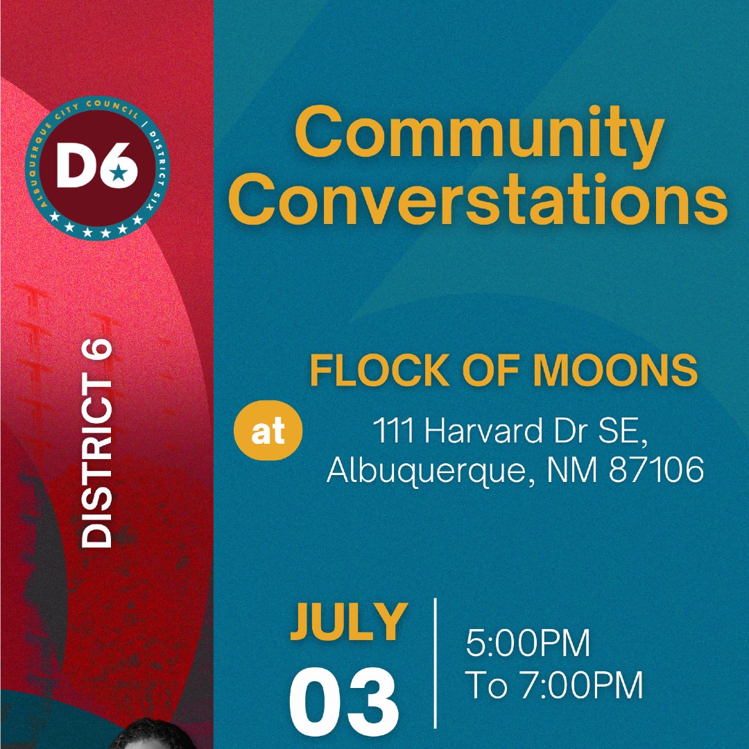 Join Councilor Rogers at our monthly series allows you to engage directly with Councilor Rogers and discuss the latest developments, updates, and ongoing projects in District 6.
Date: Thursday, July 3rd, 2025
Time: 5:00 PM – 7:00 PM
Location: Flock of Moons 111 Harvard Dr SE,