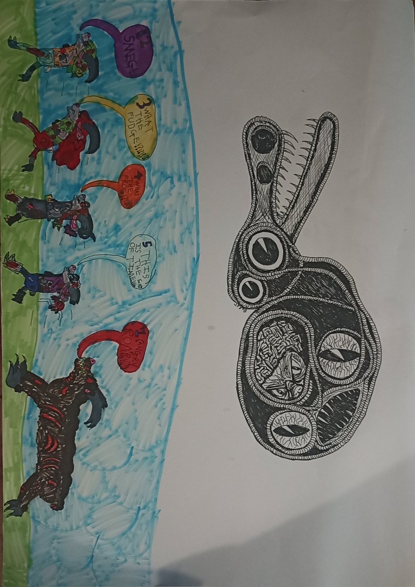 ElRatDesigns's tweet photo. 2 new double draws, more goatface mayhem from the kid. Just a random aphantasia doodle on the first one for me, and a bad scatterbrained "static" on the 2nd... because the kid is still on p/p while we draw. (still not complaining obviously 😆🎶🎧🖤)
#ElRat #krat #lovedrawing https://t.co/vRYK1CSoit