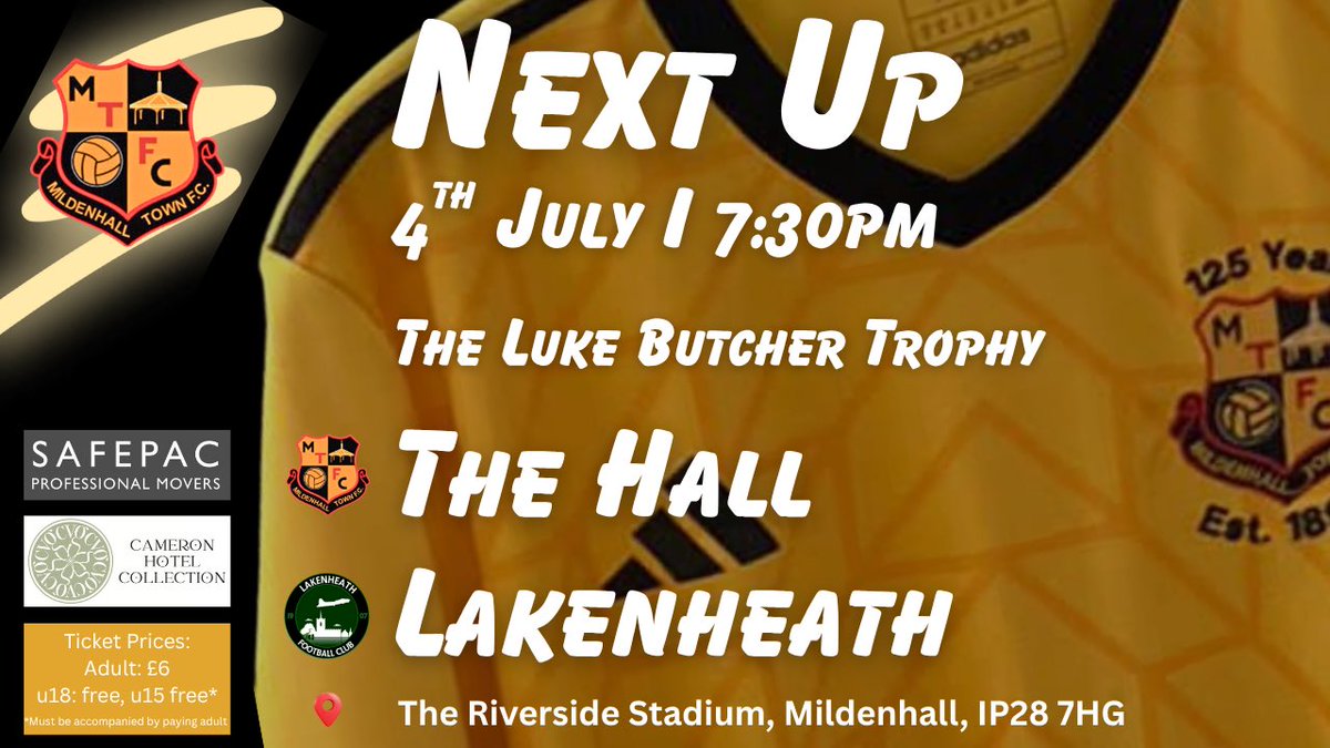 Mildenhall Town FC (@mildenhalltown) on Twitter photo This Friday we welcome local side <a href="/Lakenheath_FC/">Lakenheath FC</a> to The Riverside Stadium to take part in the Luke Butcher trophy.
Get along and support the boys and give <a href="/LukeButcher8/">Luke Butcher</a> the send off he deserves
#upthehall #clublegend #skipper This Friday we welcome local side <a href="/Lakenheath_FC/">Lakenheath FC</a> to The Riverside Stadium to take part in the Luke Butcher trophy.
Get along and support the boys and give <a href="/LukeButcher8/">Luke Butcher</a> the send off he deserves
#upthehall #clublegend #skipper