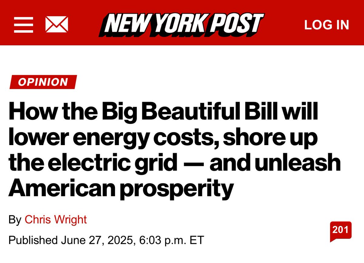 MUST READ from Energy Secretary Chris Wright: 

“[M]ore wind and solar brings us the worst of two worlds: less reliable energy delivery andhigher electric bills. 

It’s time to stop subsidizing such insanity in perpetuity. If sources are truly economically viable, let’s allow