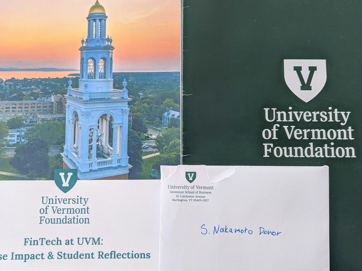 Great things happening at @uvmvermont! A fintech course that includes # Cryptocurrency , a live #crypto portfolio managed by students and now the  #SatoshiNakamotoAward. Wow! All thanks to #SatoshiNakamoto ! @UVMFoundation  @UVMBizSchool