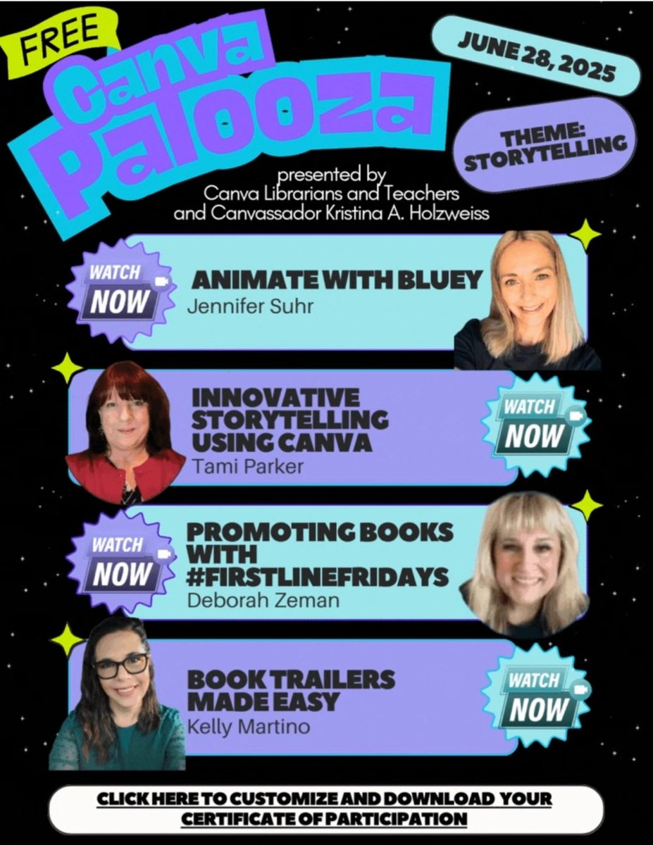 It's day 3 of Canva Palooza in the Canva Librarians and Teachers Facebook group.

Join us for 14 hours of free sessions presented by Canva experts from today through July 2. You can earn a certificate of participation for each day.

#notatISTE

#notatALA  <a href="/CanvaEdu/">Canva Education</a> <a href="/canva/">Canva</a>