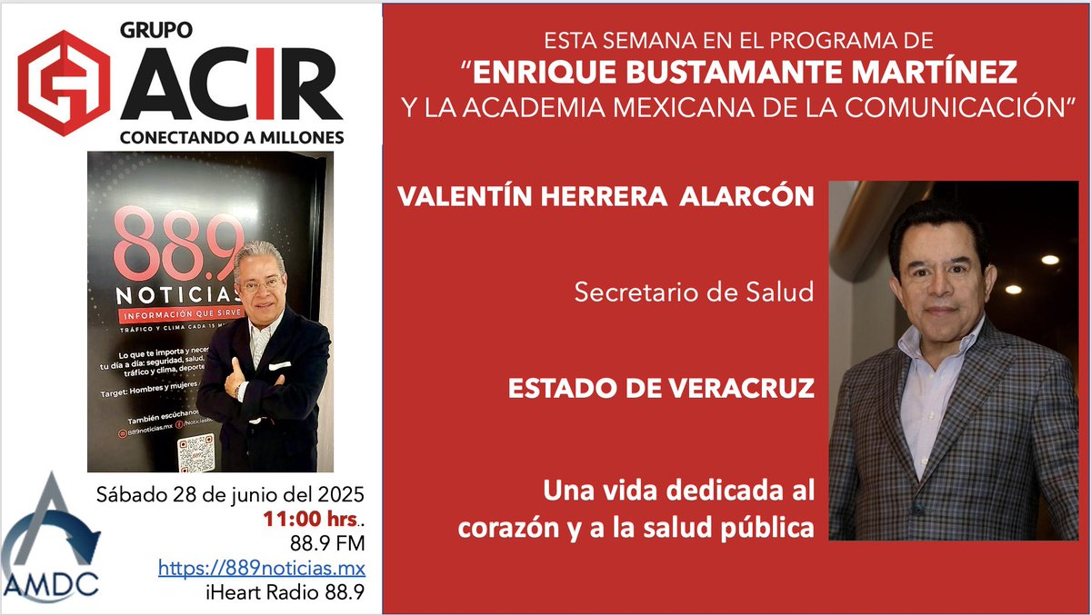 EnriqueB01's tweet image. Hoy en #MiProgramaDeRadio de la Academia Mexicana de la Comunicación el Dr. Valentín Herrera Alarcón Secretario de Salud, Edo de Veracruz.
Cápsula de IA de @jhidalgo hoy hablará del estado actual de la IA.
11:00 hrs* en el 88.9 FM o 889noticias.mx y  iHeart Radio 889