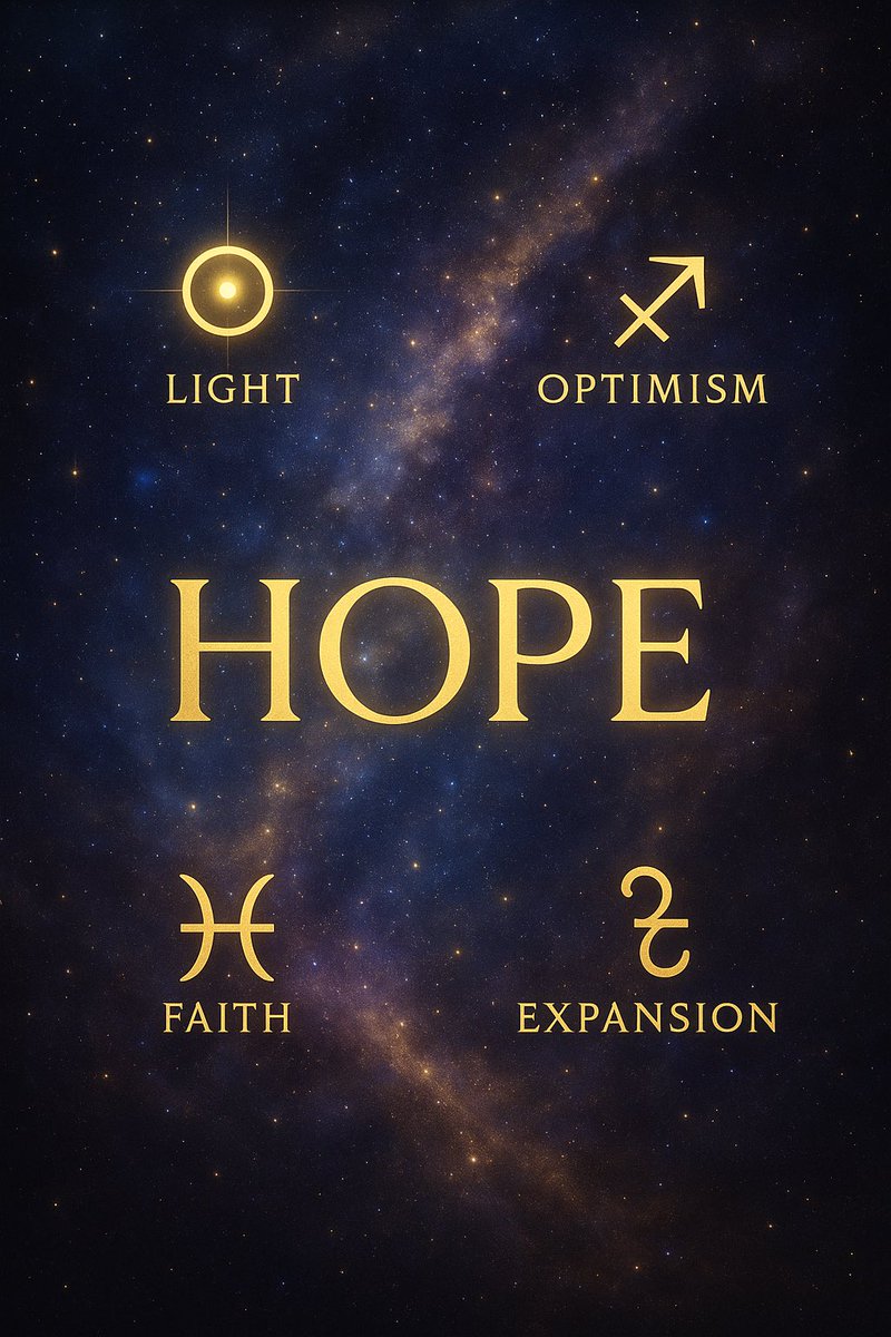 HOPE____44's tweet photo. What does HOPE mean in astrology? 🔮
☀️ The Sun – light after darkness
♐ Sagittarius – the eternal optimist
♓ Pisces – divine faith &amp; healing
♃ Jupiter – expansion, growth, belief

HOPE isn’t just a feeling — it’s written in the stars.
#HOPEcoin #AstroCrypto #RebirthEnergy https://t.co/H1vz0SrwZy