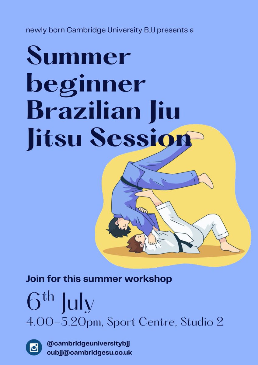 Luke Flower (@lukeflower1) on Twitter photo Iām very excited to share that <a href="/Cambridge_Uni/">Cambridge University</a> now officially has a Brazilian Jiu-Jitsu society!
Regular training sessions will begin in the next academic year, but the club will run a few introductory sessions over the summer.
All levels welcome, and no experience necessary! Iām very excited to share that <a href="/Cambridge_Uni/">Cambridge University</a> now officially has a Brazilian Jiu-Jitsu society!
Regular training sessions will begin in the next academic year, but the club will run a few introductory sessions over the summer.
All levels welcome, and no experience necessary!