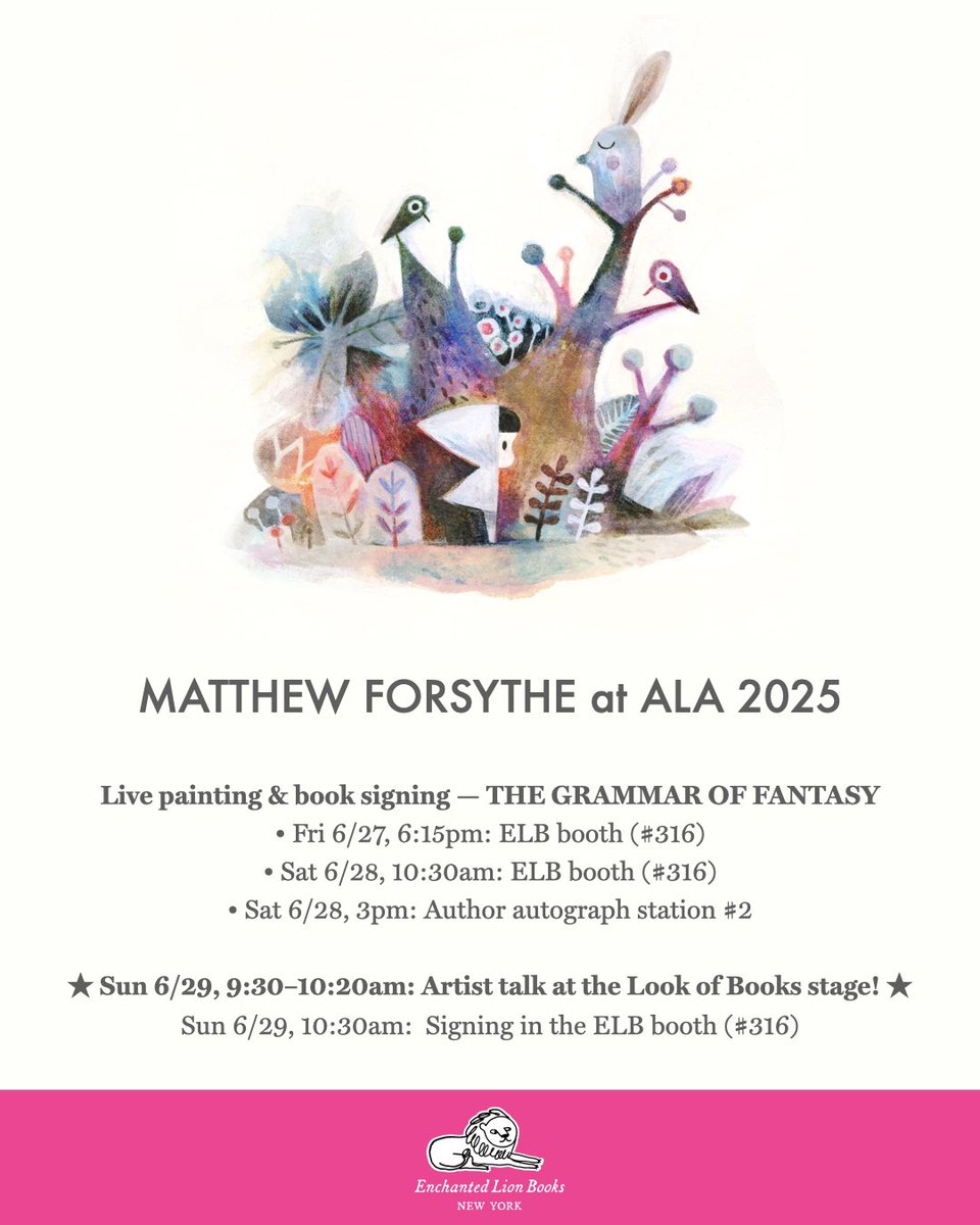 Enchanted Lion Books (@enchantedlion) on Twitter photo Librarian friends, come visit Enchanted Lion at ALAAC25 !!!
Weāre in booth # 316 on the exhibition floor, where we have books hot off the press & sneak peeks of F&Gs š¦šāØ
<a href="/mattforsythe/">Matthew Forsythe</a>, #SarahJacobee, & <a href="/wolvertonhill/">Wolverton Hill</a> are here for book signings, mini-galleys, & artist talksš Librarian friends, come visit Enchanted Lion at ALAAC25 !!!
Weāre in booth # 316 on the exhibition floor, where we have books hot off the press & sneak peeks of F&Gs š¦šāØ
<a href="/mattforsythe/">Matthew Forsythe</a>, #SarahJacobee, & <a href="/wolvertonhill/">Wolverton Hill</a> are here for book signings, mini-galleys, & artist talksš