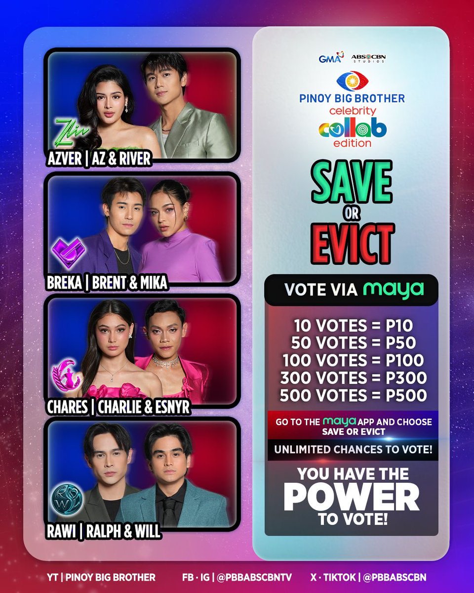 ⏳ YOU DECIDE: SAVE or EVICT? 🏠✨
The power is in YOUR hands! Vote now with Maya and help your favorite DUO stay in the game! 💙
Best part? UNLIMITED VOTING!

🗳️ How to vote via Maya:

1. Download the Maya app and sign up for free
2. Cash in to activate voting
3. Tap the PBB