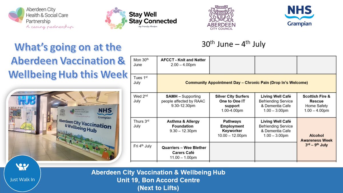 Caroline Anderson (@carolineand73) on Twitter photo What's going on at the Vaccination & Wellbeing Hub next week 30th June - 4th July. Just drop in for a cuppa and conversation in the community cafe area to speak to any of the visiting services - no appointment necessary. <a href="/NHSGrampian/">NHS Grampian</a> <a href="/HSCAberdeen/">Aberdeen City HSCP</a> What's going on at the Vaccination & Wellbeing Hub next week 30th June - 4th July. Just drop in for a cuppa and conversation in the community cafe area to speak to any of the visiting services - no appointment necessary. <a href="/NHSGrampian/">NHS Grampian</a> <a href="/HSCAberdeen/">Aberdeen City HSCP</a>