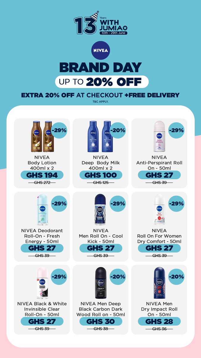 It’s NIVEA Brand Day on Jumia! 

Enjoy up to 20% OFF on your favorite skincare + extra 20% OFF at checkout 

Free Delivery included!

From body lotions to roll-ons, stock up now and feel the NIVEA glow!

Top spender wins a special reward – so go big, glow bigger!

Shop 👉
