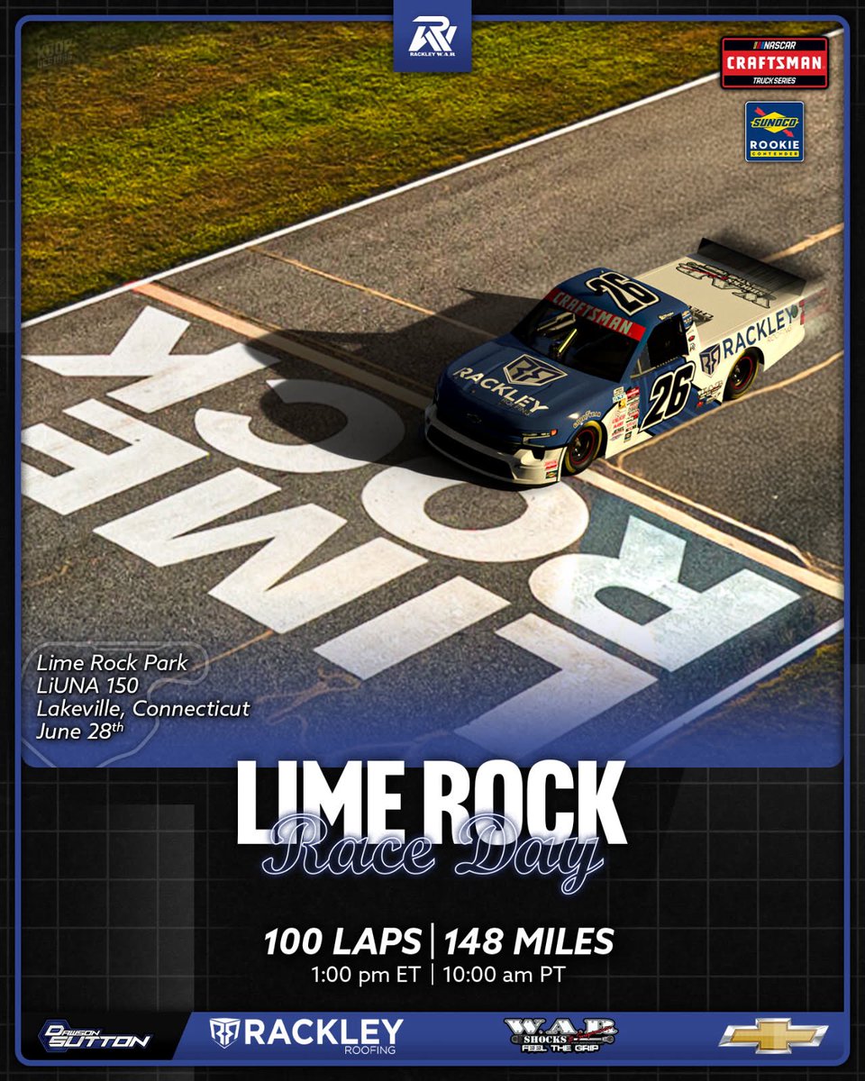 Rackley W.A.R. (@rackley_war) on Twitter photo Road course racing today <a href="/limerockpark/">Lime Rock Park</a> 📍
⏰: 1:00pm ET
📺: FOX
<a href="/dawsonsutton_/">Dawson Sutton</a> I <a href="/RackleyRoofing/">Rackley Roofing</a> Road course racing today <a href="/limerockpark/">Lime Rock Park</a> 📍
⏰: 1:00pm ET
📺: FOX
<a href="/dawsonsutton_/">Dawson Sutton</a> I <a href="/RackleyRoofing/">Rackley Roofing</a>