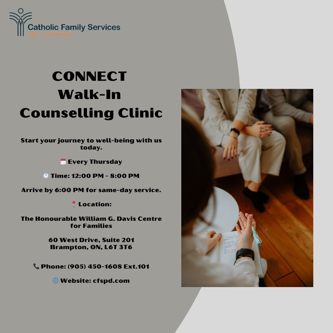 Our CONNECT Clinic offers same-day counselling every Thursday from 12-8 PM at our Brampton location (60 West Dr). This service exists because we believe everyone deserves access to quality mental health support exactly when they need it.