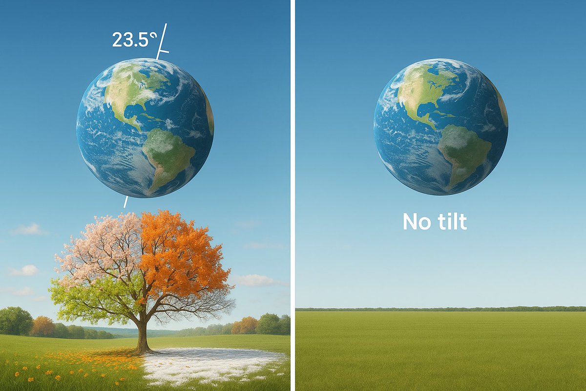 Piy_ush_'s tweet image. Earth’s axial tilt is approx 23.5degrees.
Imagine Earth with no seasons! If our planet's axial tilt were 0 degrees, that's exactly what would happen. No more summer, winter, spring, or fall. Every day would feel the same, climate-wise. #EarthScience #ClimateChange
