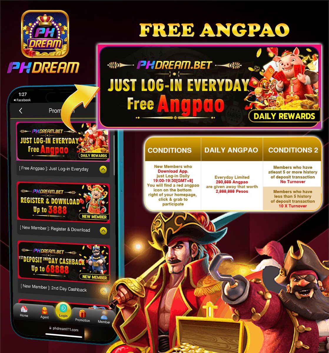PHDream_Page's tweet photo. ✅Free Angpao to all members
✅Just Need to Log-in on time
✅First Come First Serve

📌Set your alarm before 19:00[GMT+8]
📌Make sure to Download PHDream App

Registration Link : https://t.co/ZkXwo2GHOs

#phdream #phdreamonlinecasino #phdreamcasinogames #bonus #jackpot #bet https://t.co/QvzVyNzTpC